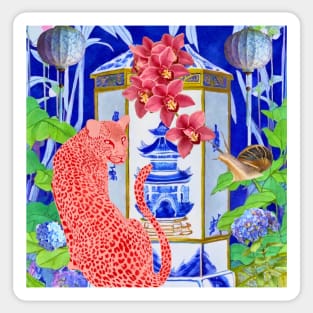 Pink panther and snail in chinoiserie garden Sticker